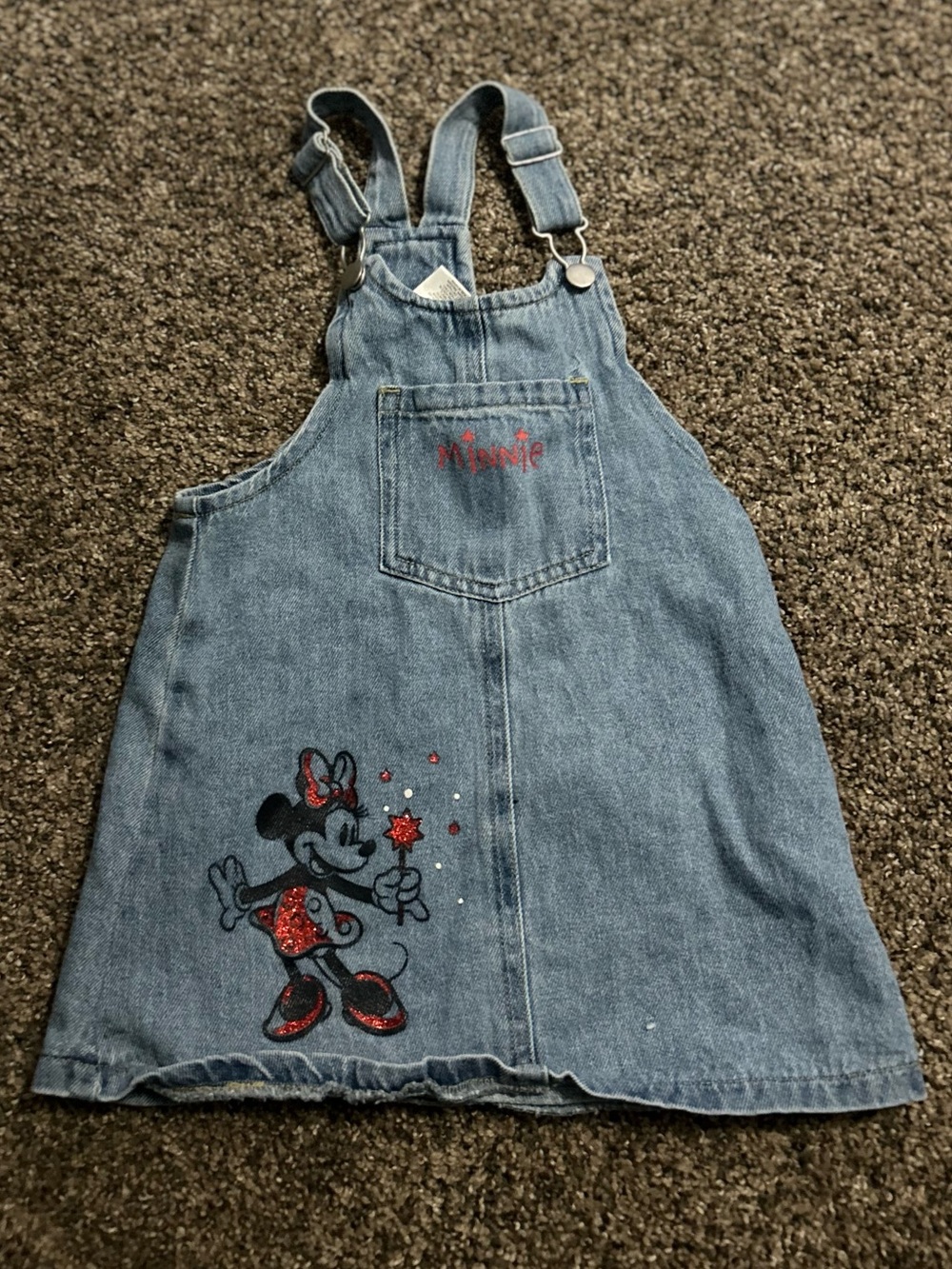 Disney Denim Minnie Mouse Embroidered Overall Dress - Blue with Red Accents